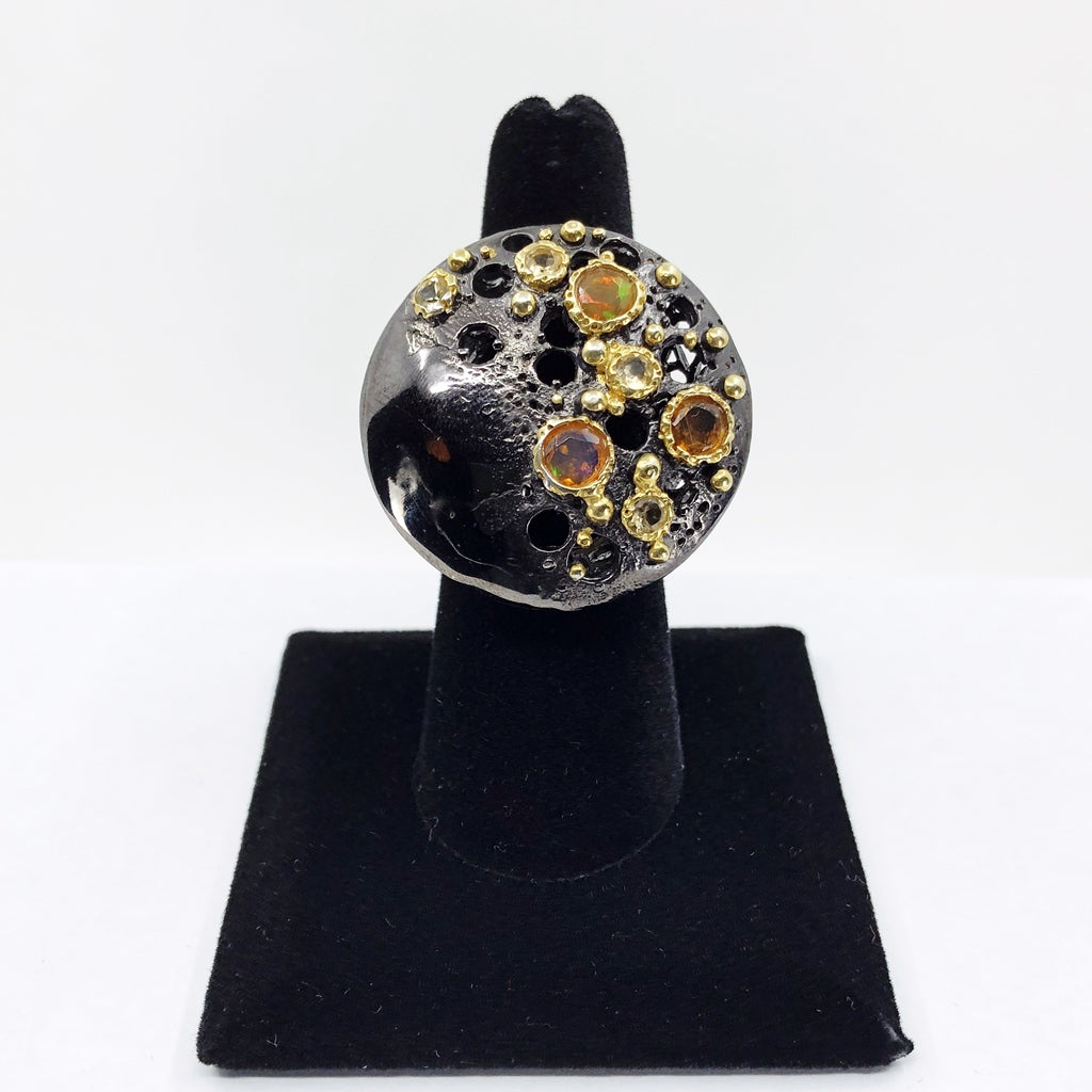 Fire Opal and Citrine Oxidized Silver Ring, Size 7