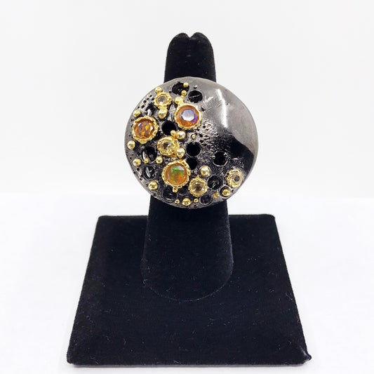 Fire Opal and Citrine Oxidized Silver Ring, Size 7
