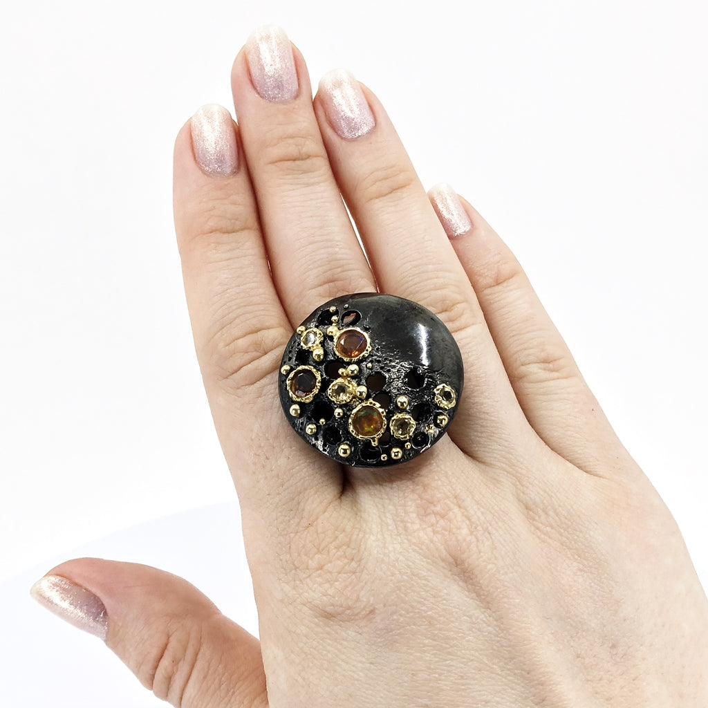 Fire Opal and Citrine Oxidized Silver Ring, Size 7