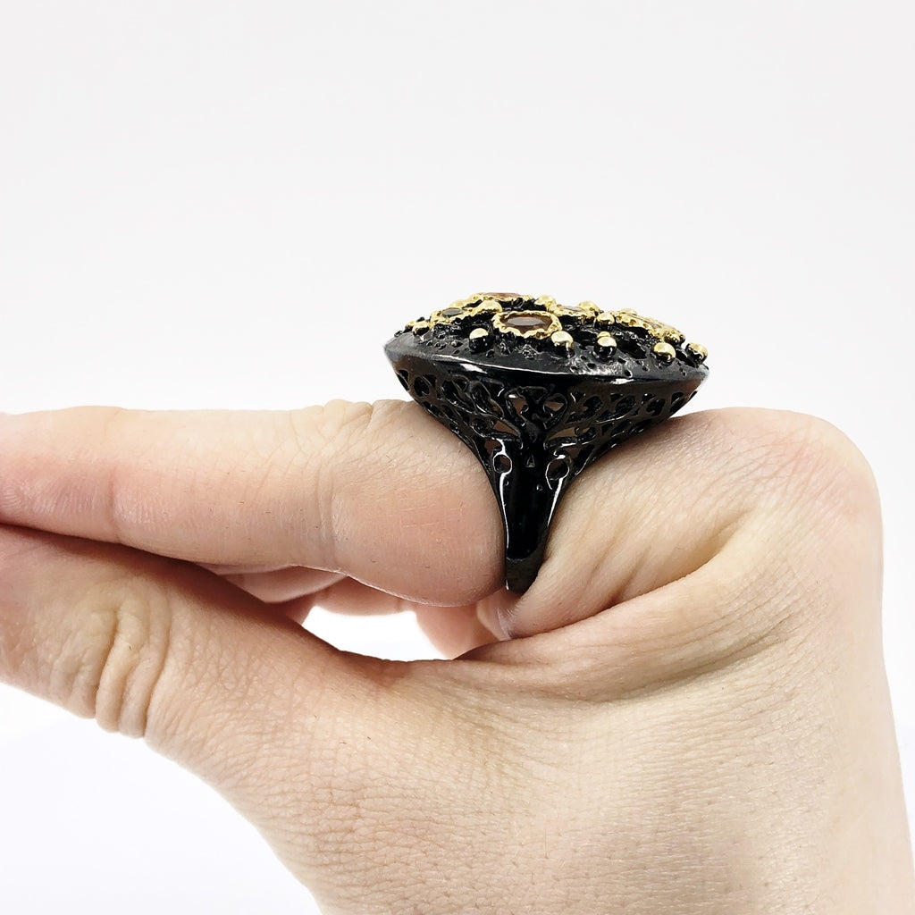 Fire Opal and Citrine Oxidized Silver Ring, Size 7