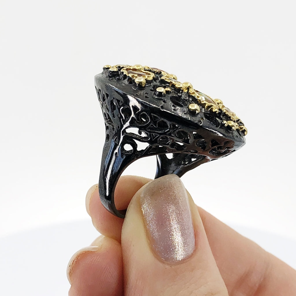Fire Opal and Citrine Oxidized Silver Ring, Size 7