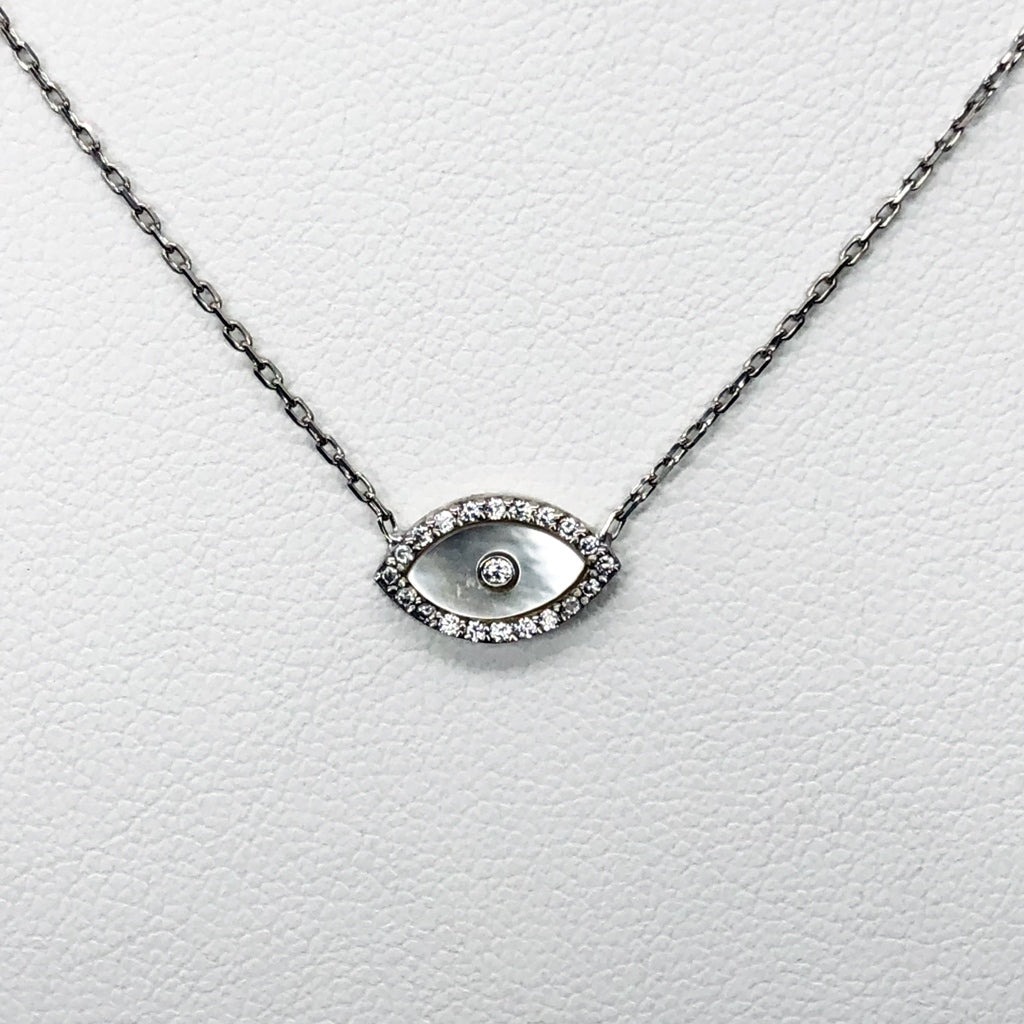 Evil Eye Necklace, Sterling Silver With Mother Of Pearl And Micropave CZ