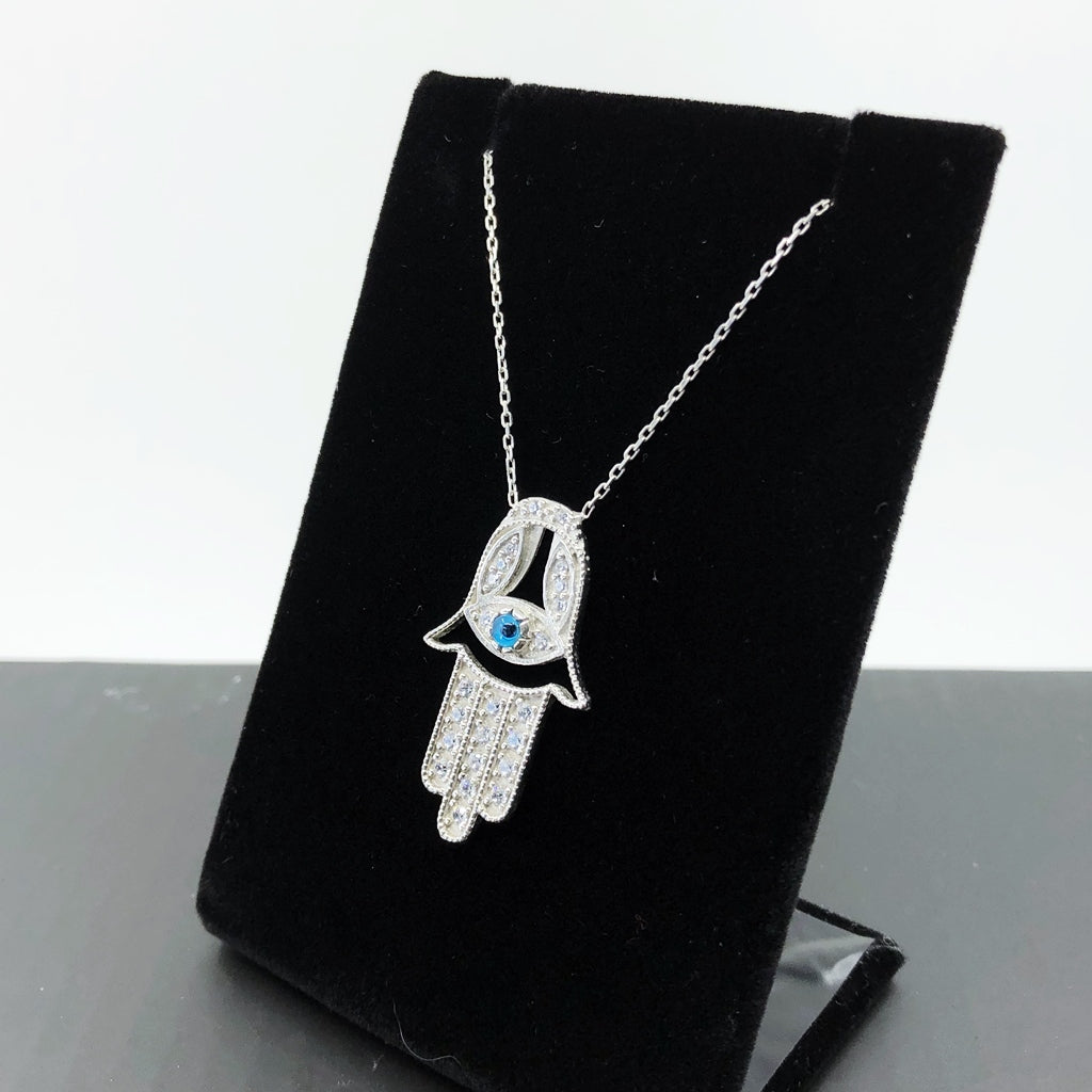 Evil Eye And Hamsa Micropave Necklace, Sterling Silver and CZ