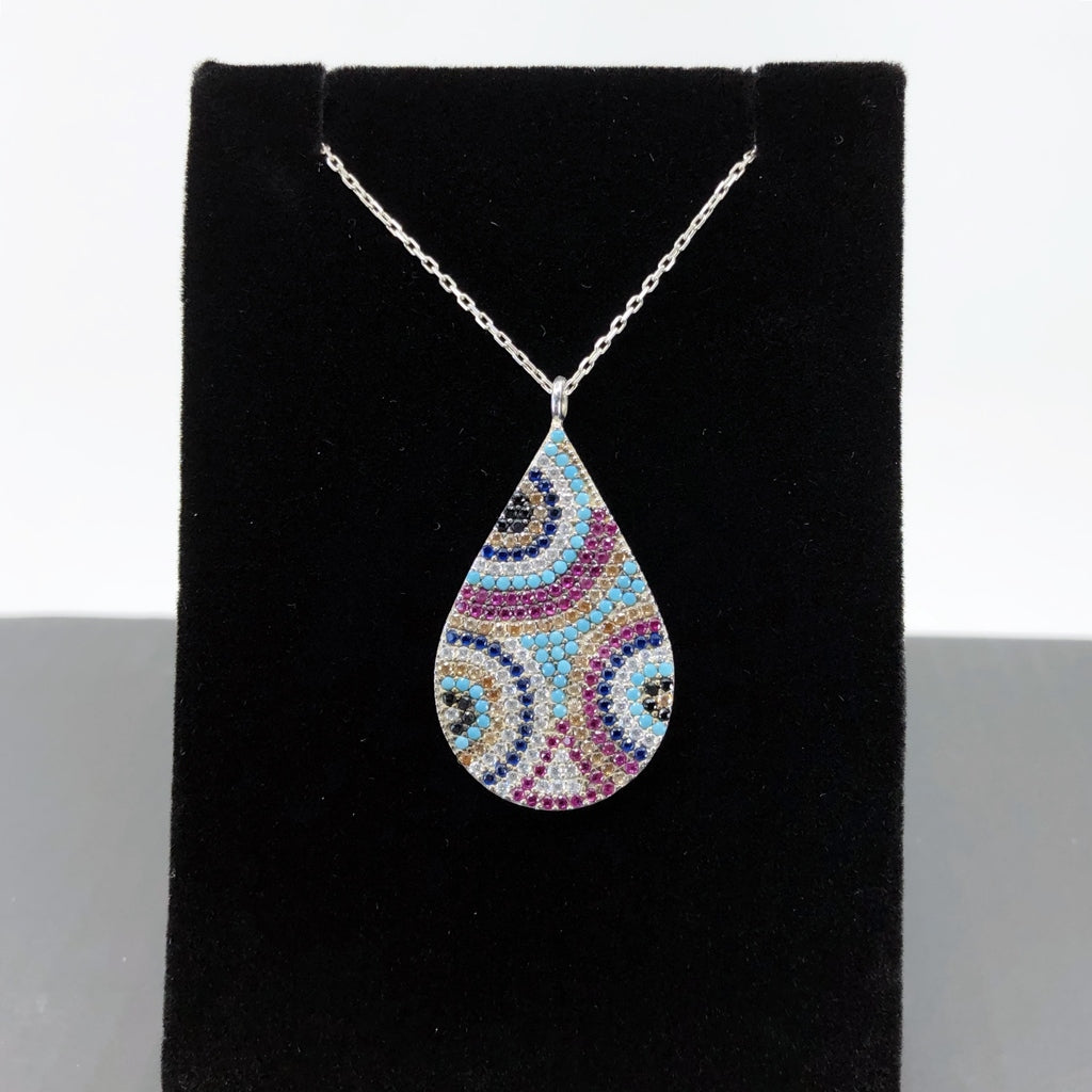 Multicolor Evil Eye Teardrop Necklace, Sterling Silver With Turquoise And CZ