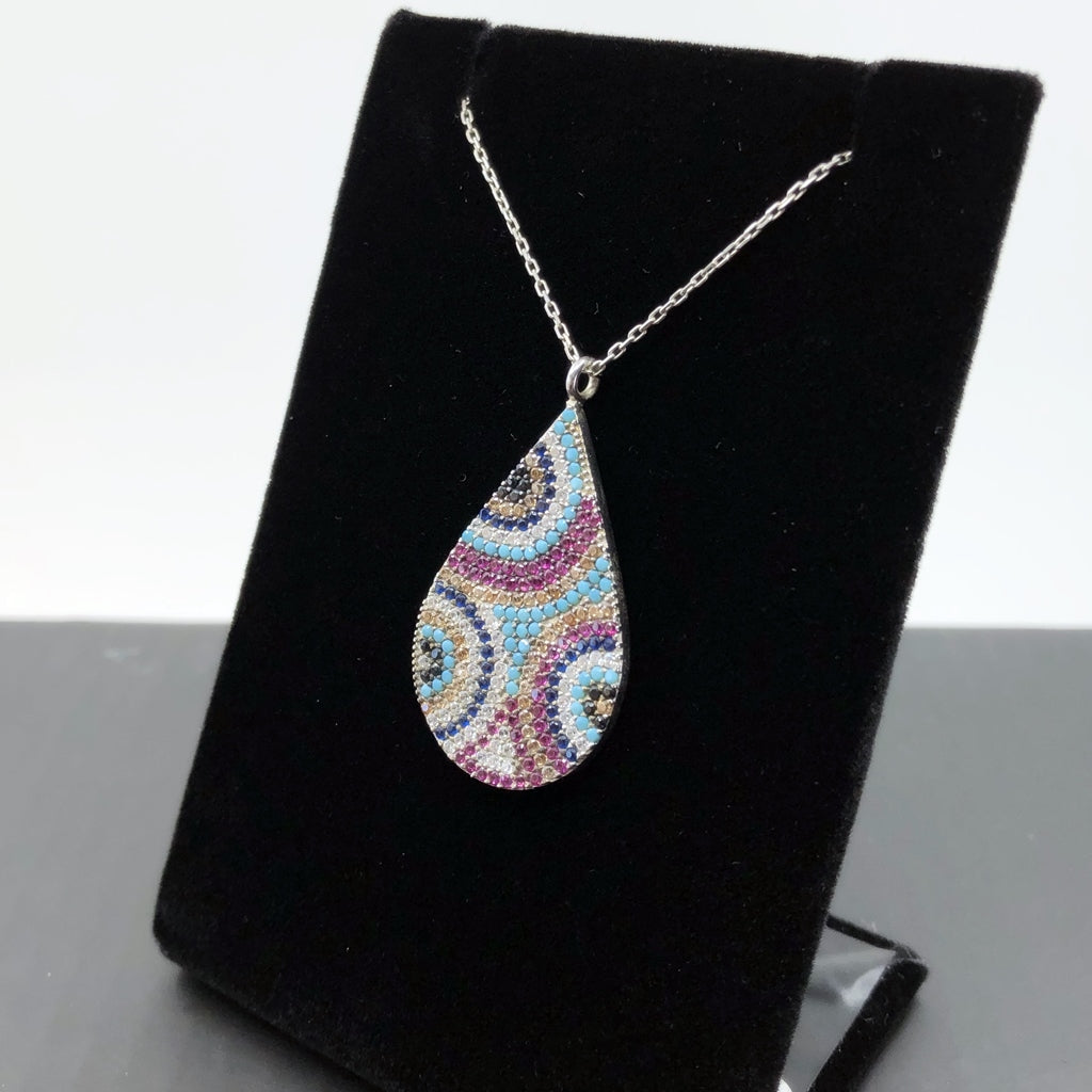 Multicolor Evil Eye Teardrop Necklace, Sterling Silver With Turquoise And CZ