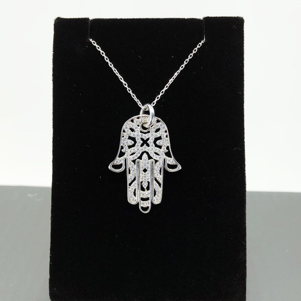 Dainty Hamsa Necklace, Sterling Silver And Micropave CZ