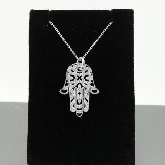 Dainty Hamsa Necklace, Sterling Silver And Micropave CZ