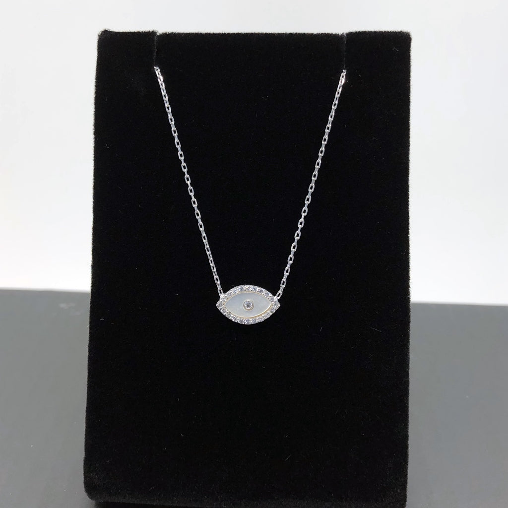 Evil Eye Necklace, Sterling Silver With Mother Of Pearl And Micropave CZ