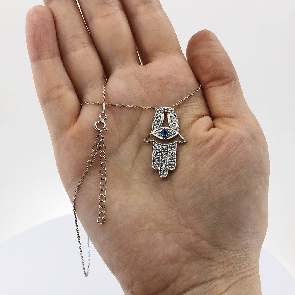 Evil Eye And Hamsa Micropave Necklace, Sterling Silver and CZ