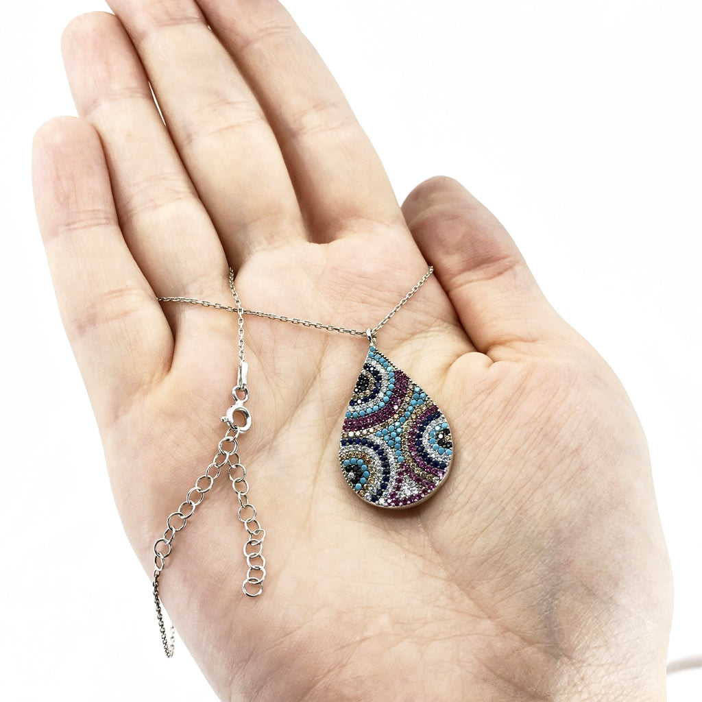 Multicolor Evil Eye Teardrop Necklace, Sterling Silver With Turquoise And CZ