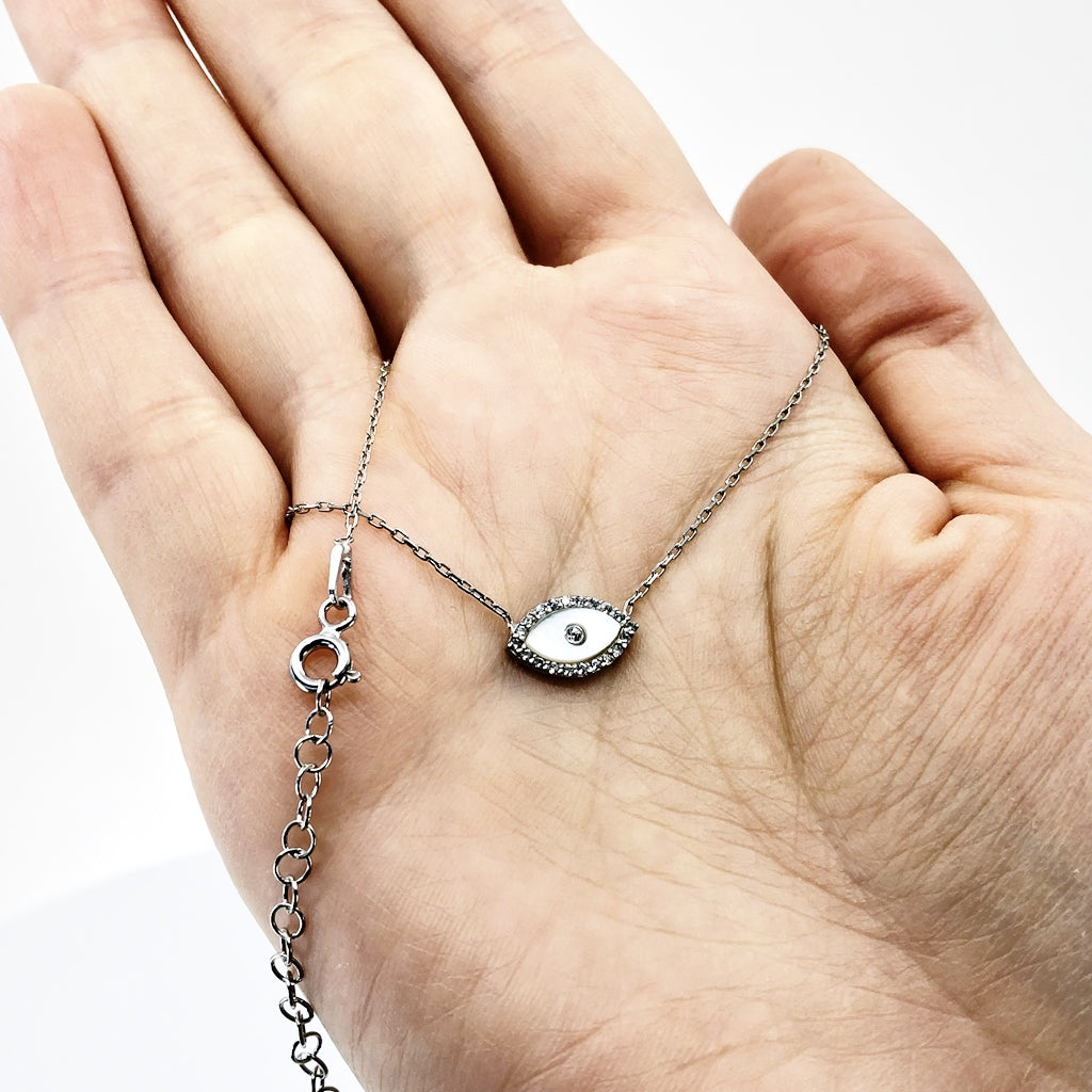 Evil Eye Necklace, Sterling Silver With Mother Of Pearl And Micropave CZ