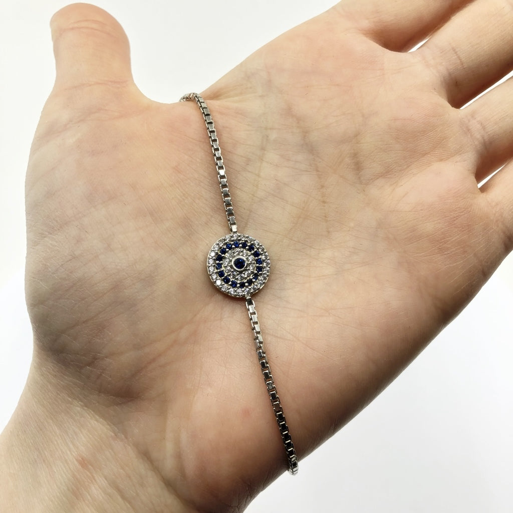 Evil Eye Micropave Sterling Silver Adjustable Bracelet