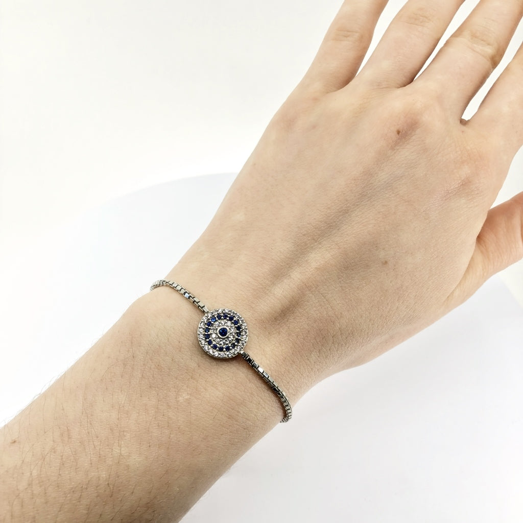 Evil Eye Micropave Sterling Silver Adjustable Bracelet