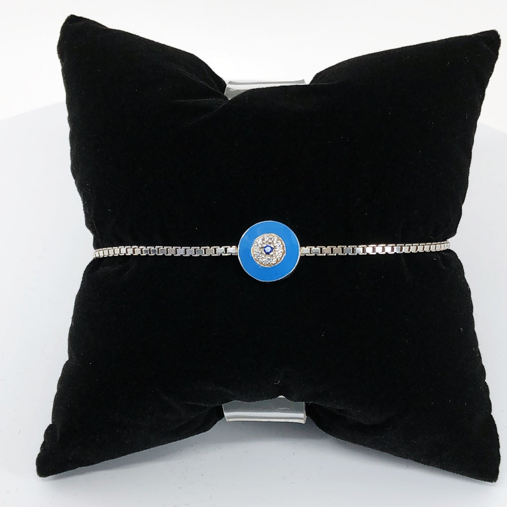 Evil Eye Adjustable Bracelet With Light Blue Enamel and CZ