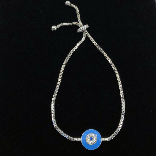 Evil Eye Adjustable Bracelet With Light Blue Enamel and CZ