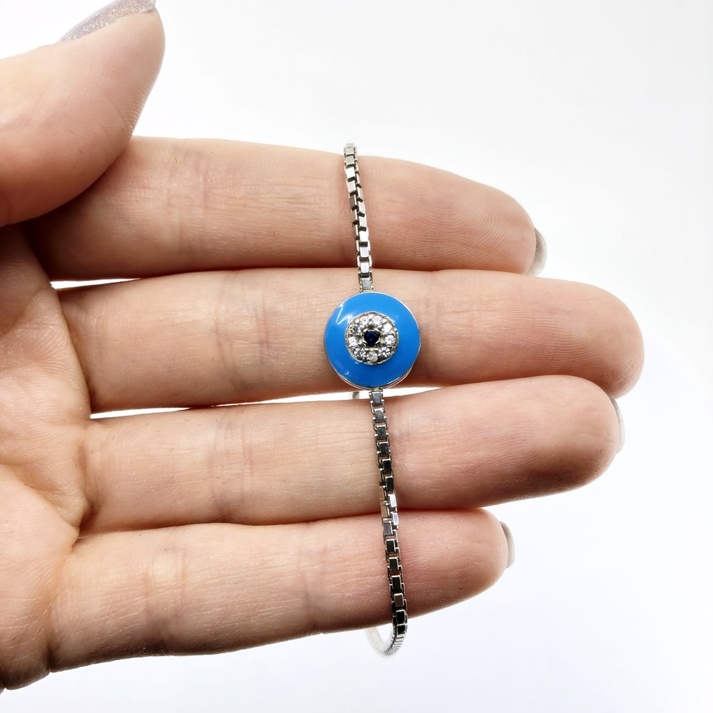 Evil Eye Adjustable Bracelet With Light Blue Enamel and CZ