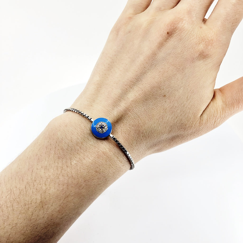 Evil Eye Adjustable Bracelet With Light Blue Enamel and CZ