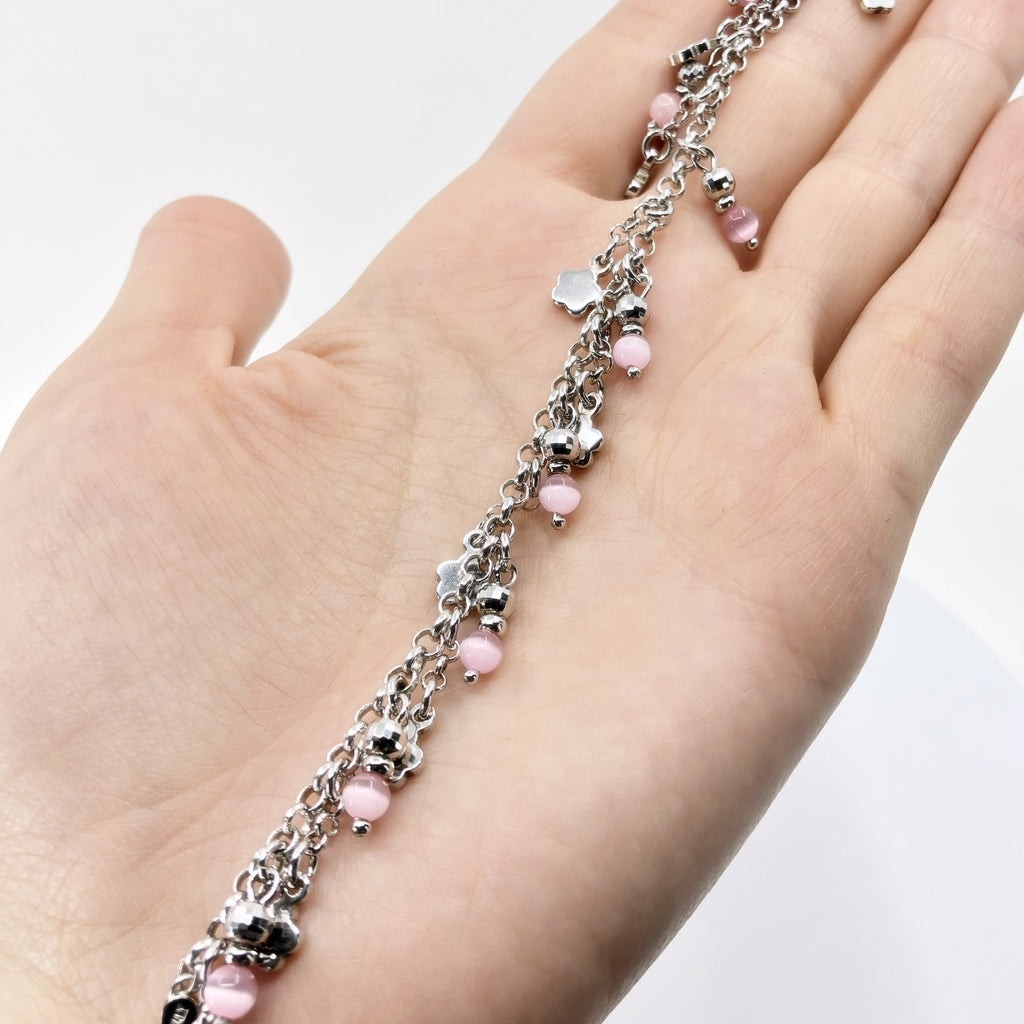 Pink Cat's Eye Sterling Silver Flower Bracelet