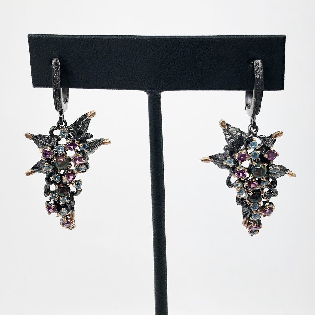 Grape Vine Oxidized Silver Earrings With Black Opal, Rhodolite, And Blue Topaz