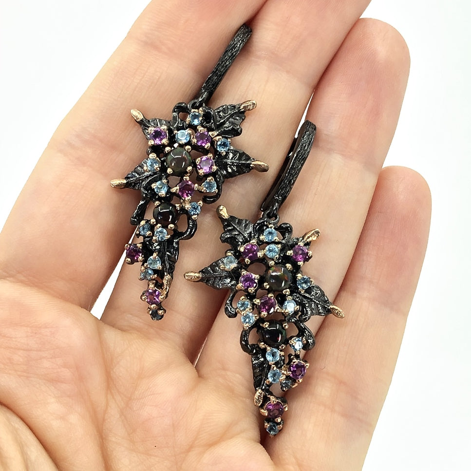 Grape Vine Oxidized Silver Earrings With Black Opal, Rhodolite, And Blue Topaz