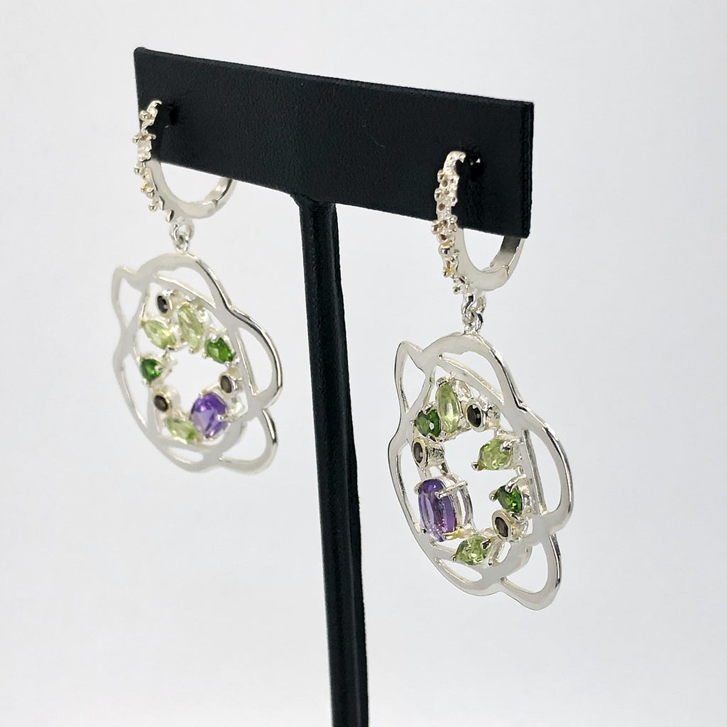 Silver Flower Earrings With Amethyst, Peridot, Chrome Diopside, Smoky Quartz