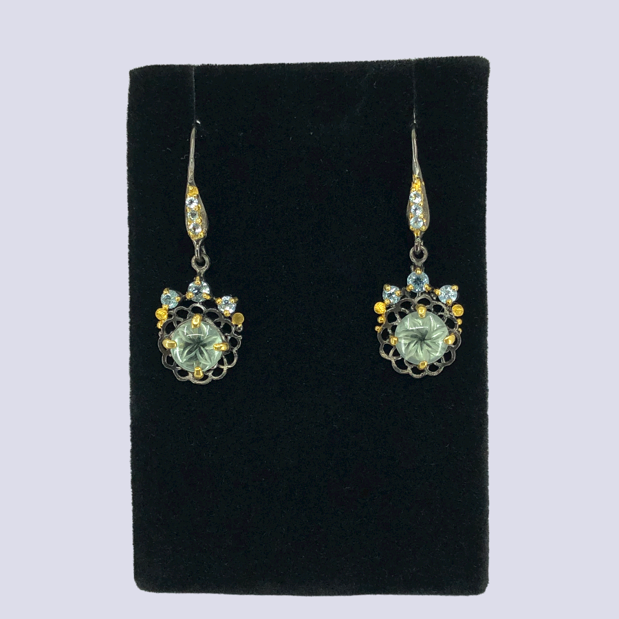 Silver Hook Earrings With Flower Carved Green Amethyst And Blue Topaz