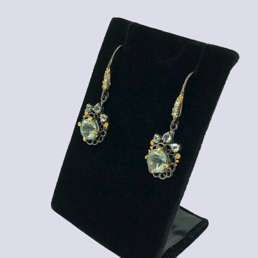 Silver Hook Earrings With Flower Carved Green Amethyst And Blue Topaz