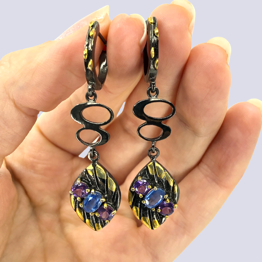 Silver Dangle Earrings With Kyanite And Amethyst