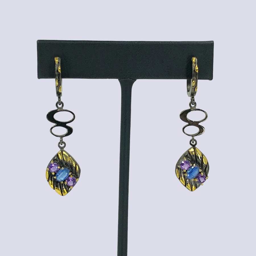 Silver Dangle Earrings With Kyanite And Amethyst