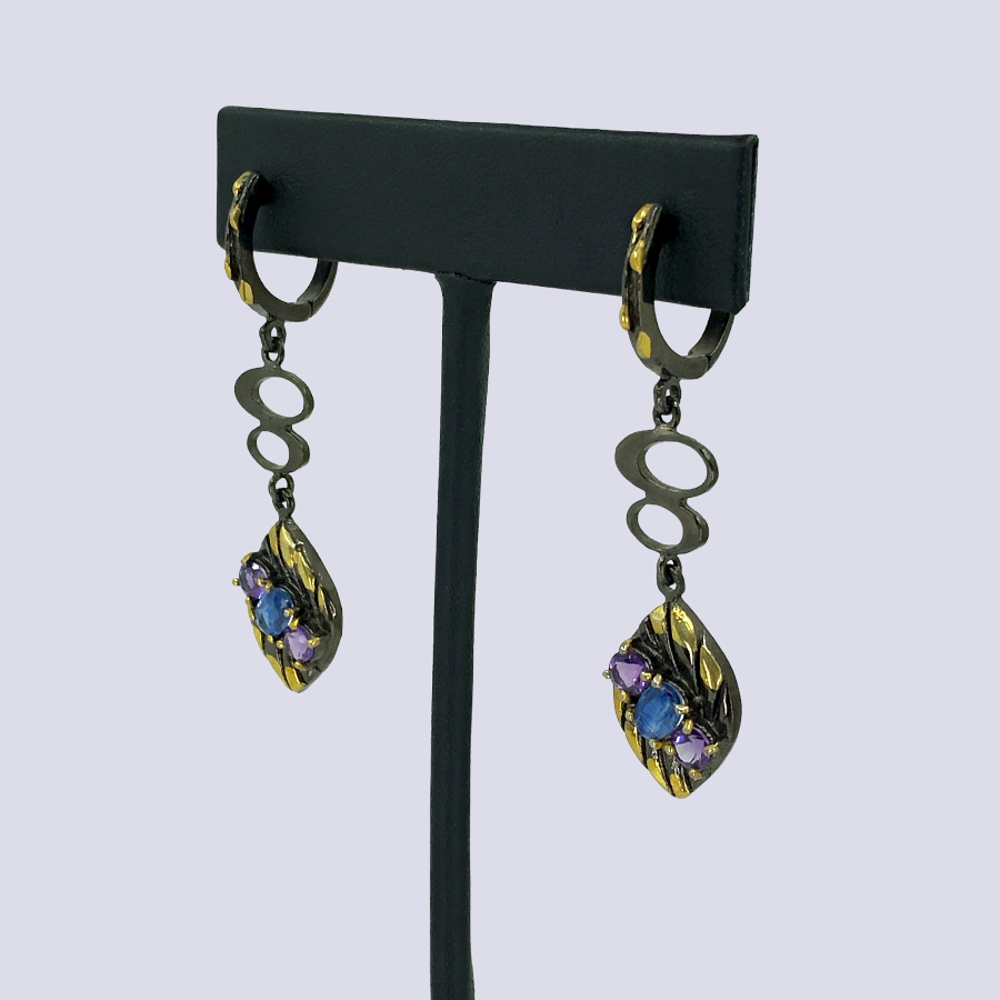 Silver Dangle Earrings With Kyanite And Amethyst