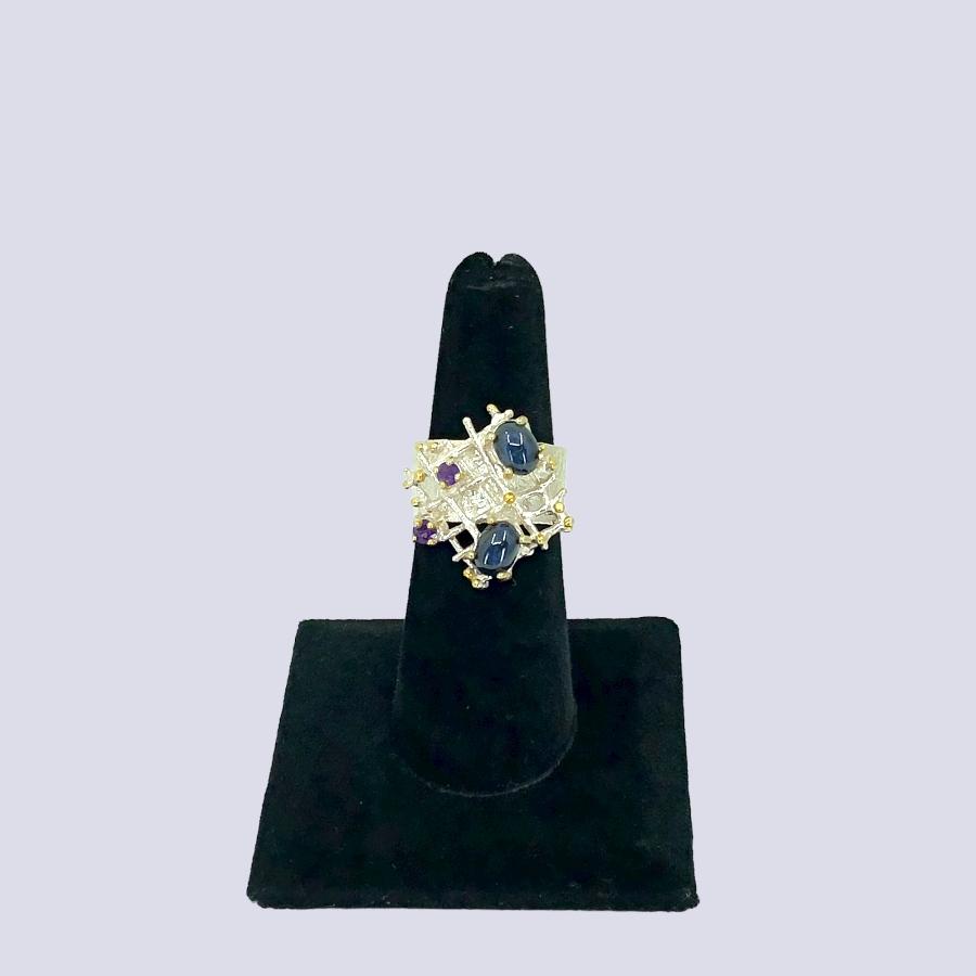 Sterling Silver Ring Inlaid With Blue Star Sapphire and Amethyst, Size 7