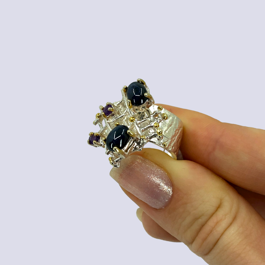 Sterling Silver Ring Inlaid With Blue Star Sapphire and Amethyst, Size 7