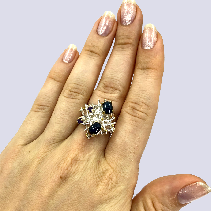 Sterling Silver Ring Inlaid With Blue Star Sapphire and Amethyst, Size 7