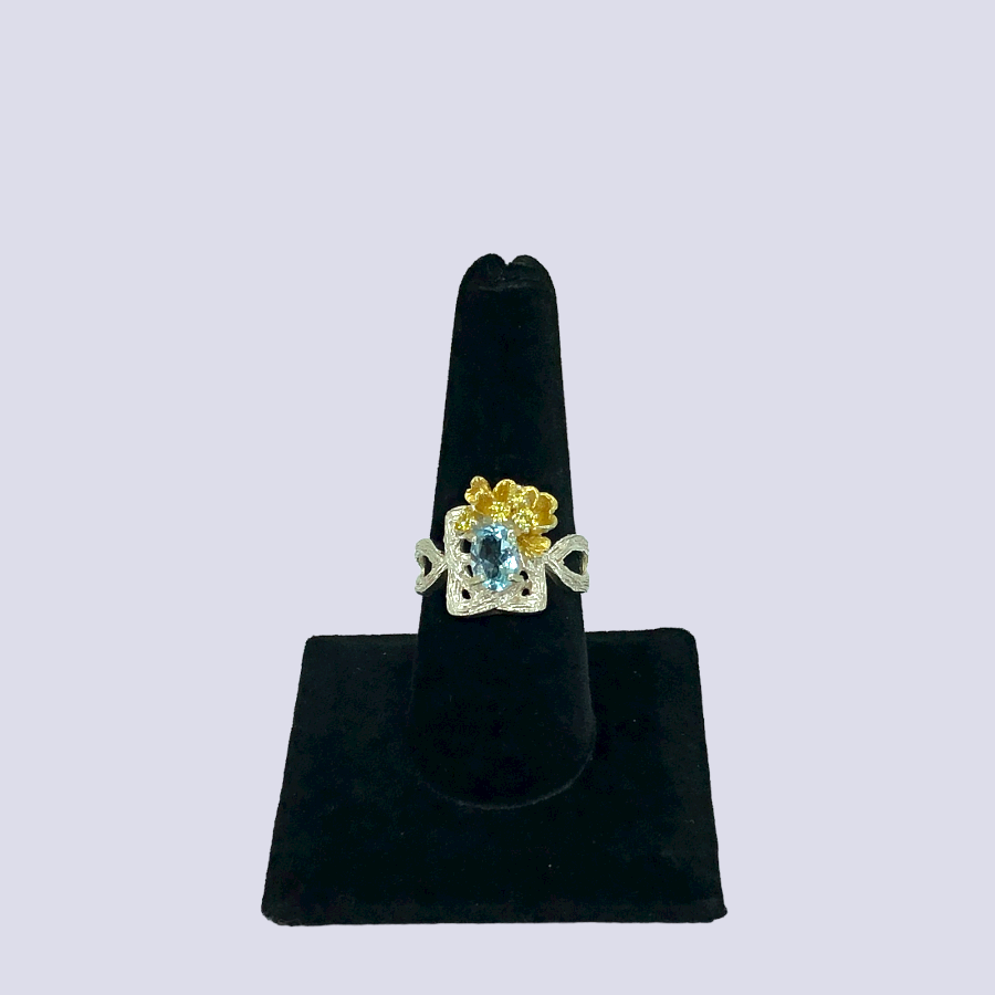 Floral Inspired Sterling Silver Ring With Blue Topaz And Citrine, Size 8.5