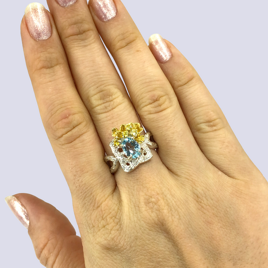 Floral Inspired Sterling Silver Ring With Blue Topaz And Citrine, Size 8.5