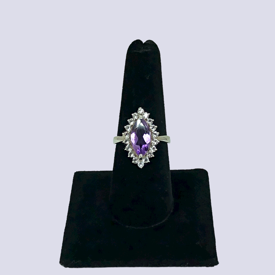 Amethyst And CZ Halo Ring in Sterling Silver, Size 8