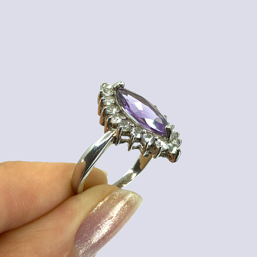 Amethyst And CZ Halo Ring in Sterling Silver, Size 8