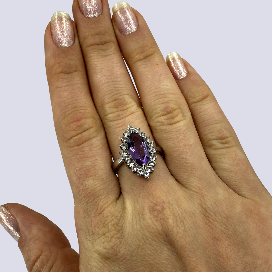 Amethyst And CZ Halo Ring in Sterling Silver, Size 8