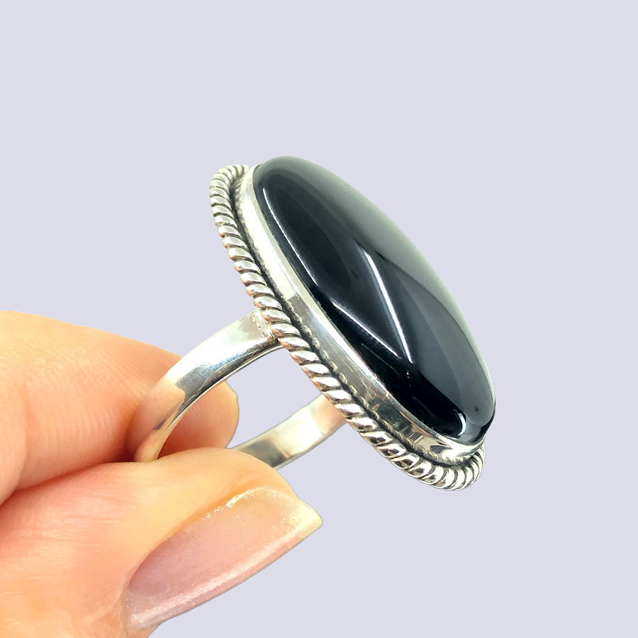 Sterling Silver Ring With Big Oval Black Onyx, Size 10.5