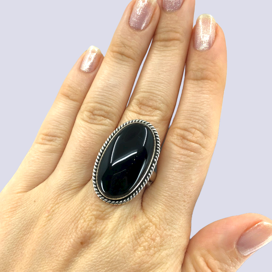 Sterling Silver Ring With Big Oval Black Onyx, Size 10.5