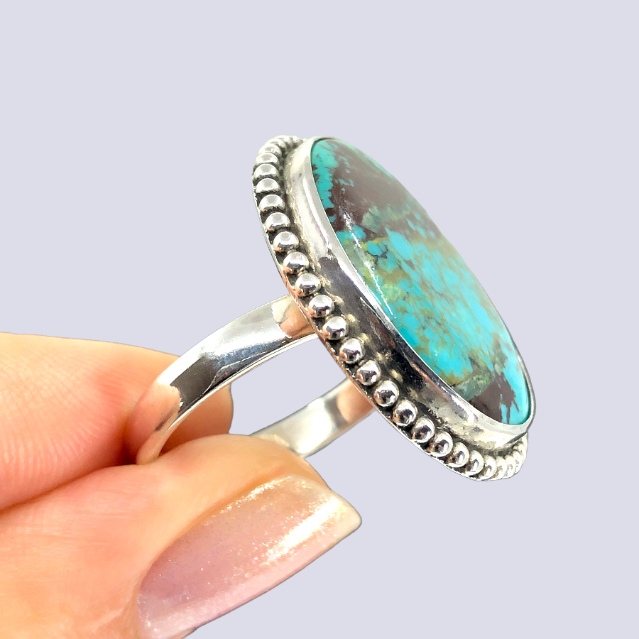 Sterling Silver Ring With Big Oval Turquoise, Size 10.5