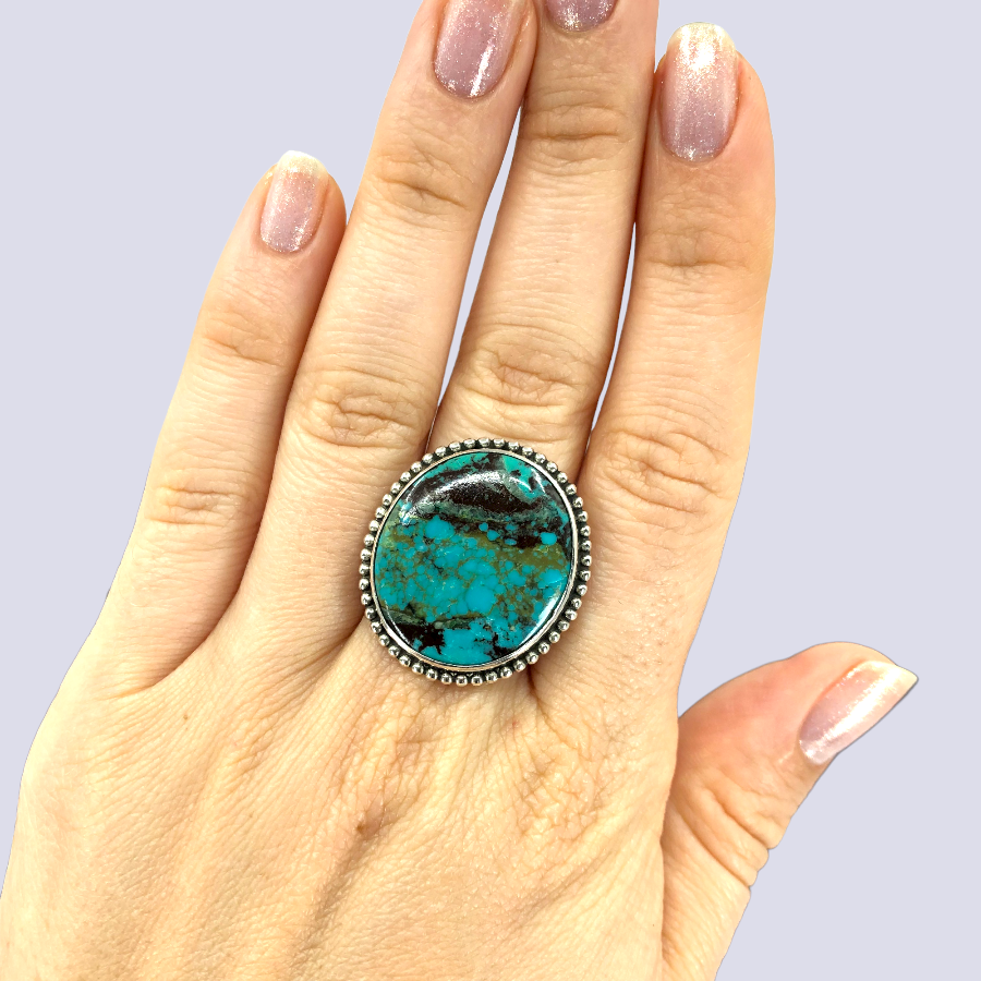 Sterling Silver Ring With Big Oval Turquoise, Size 10.5