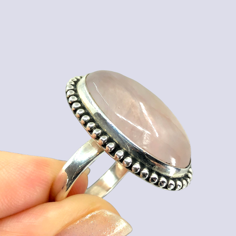 Sterling Silver Ring With Big Oval Rose Quartz, Size 8.5