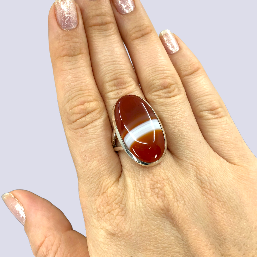 Sterling Silver Ring With Red Banded Agate, Size 9
