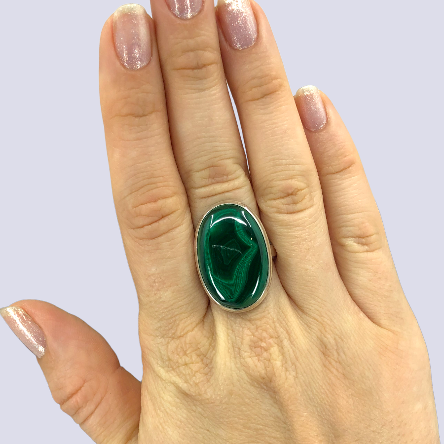 Sterling Silver Ring With Malachite, Size 8