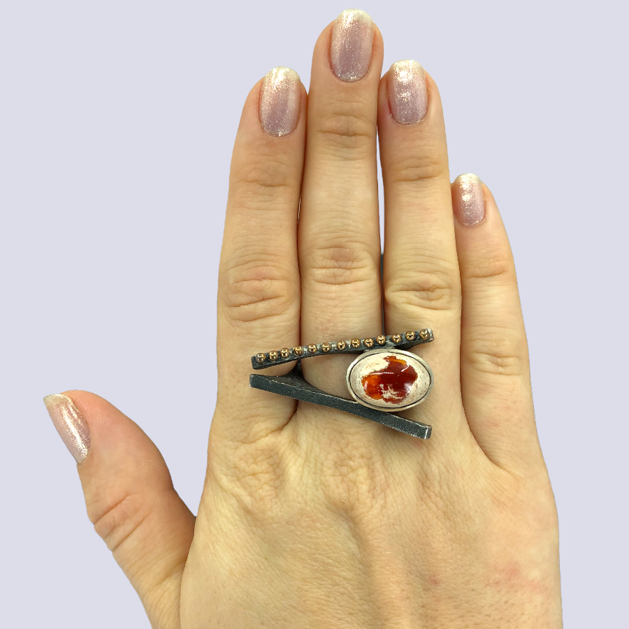 925 Oxidized Silver Ring With Mexican Fire Opal, Size 7,75
