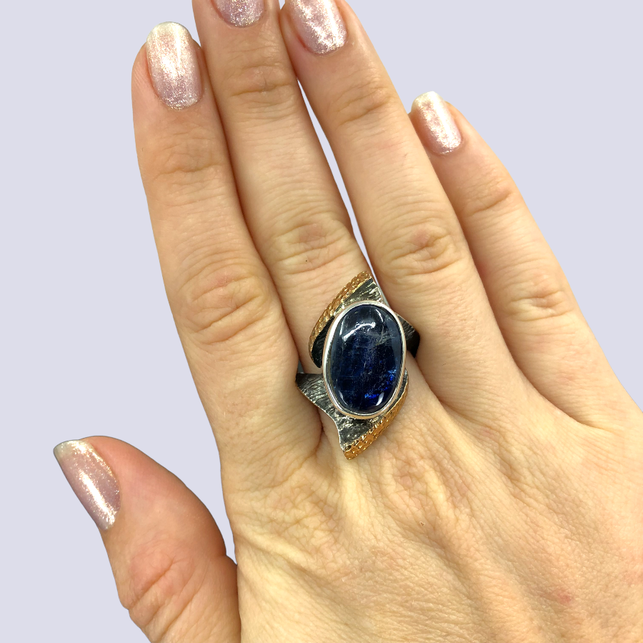 Oxidized 925 Sterling Silver Ring With Kyanite Cabochon, Size 9