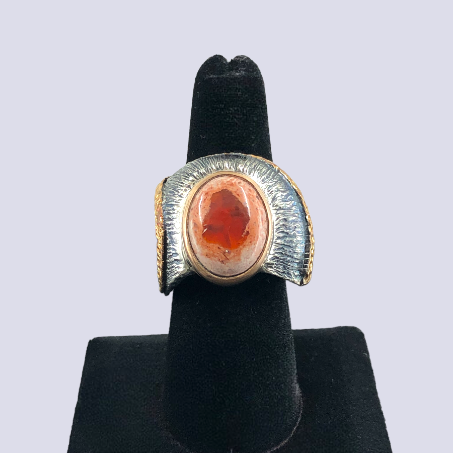 925 Oxidized Silver Ring With Mexican Fire Opal, Size 7.5