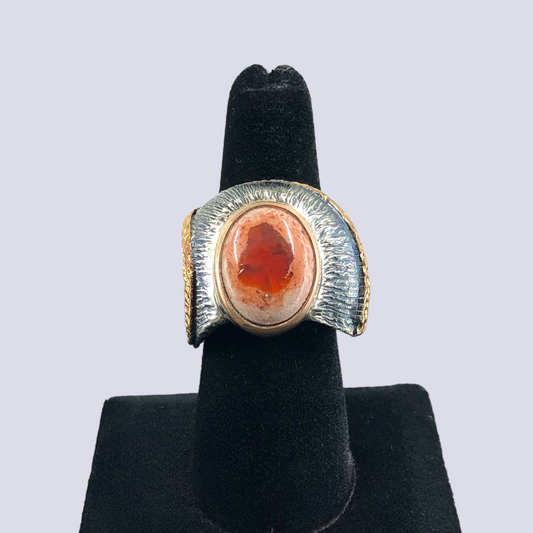 925 Oxidized Silver Ring With Mexican Fire Opal, Size 7.5