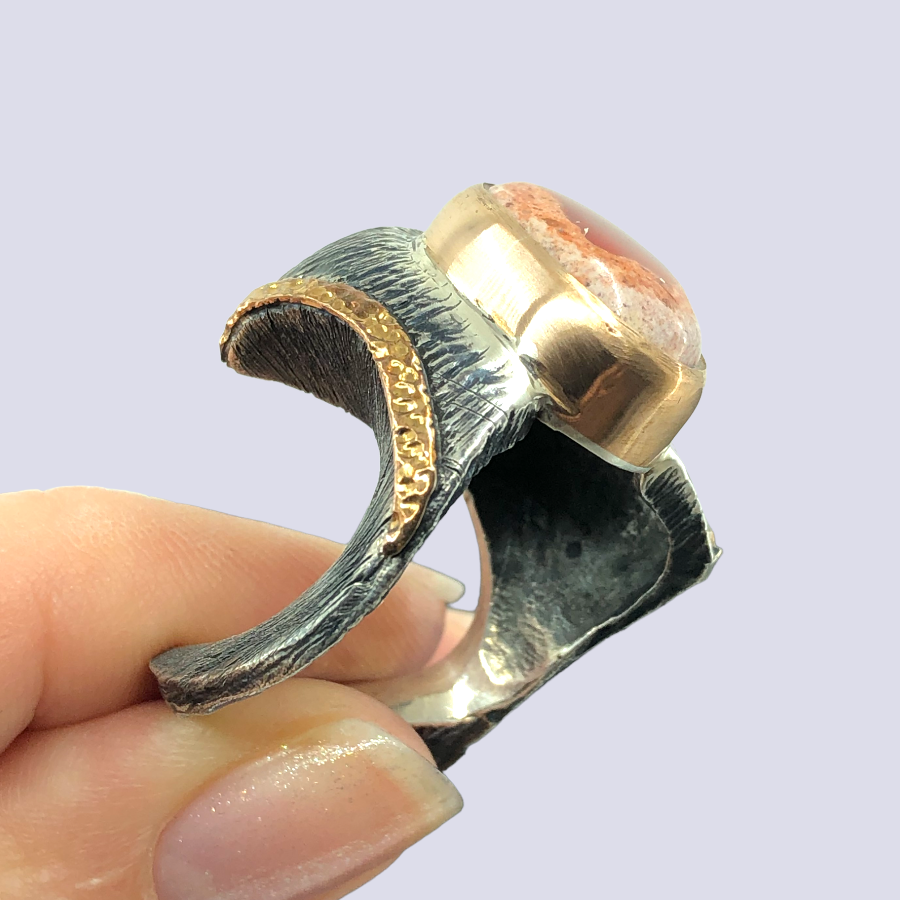925 Oxidized Silver Ring With Mexican Fire Opal, Size 7.5
